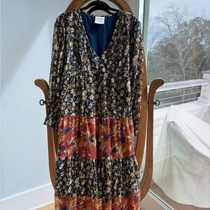 Floral Long Sleeve Dress with Navy and Red Accents